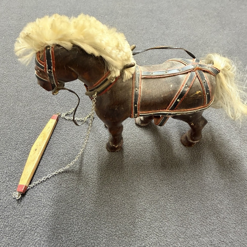 Vintage Wooden Pull Toy Horse Faux Fur Mane Tail, Chain Handle, Harness Reins